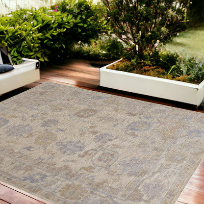 12' X 15' Beige and Blue Medallion Distressed Indoor Outdoor Area Rug