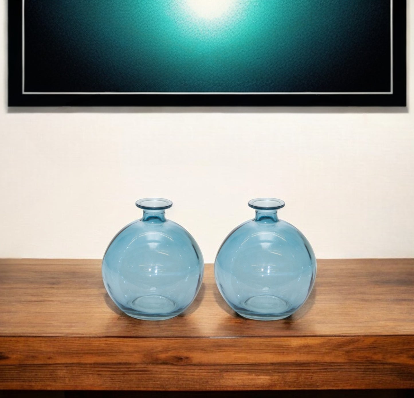 Set of Two Blue Glass Round Table Vase