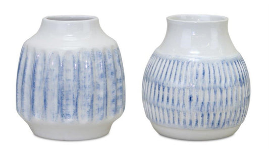 Set of Two White and Blue Ceramic Striped Round Table Vase