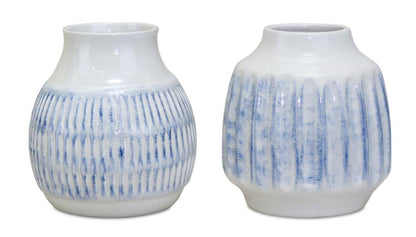 Set of Two White and Blue Ceramic Striped Round Table Vase