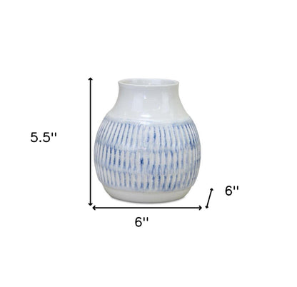 Set of Two White and Blue Ceramic Striped Round Table Vase