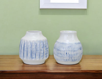 Set of Two White and Blue Ceramic Striped Round Table Vase