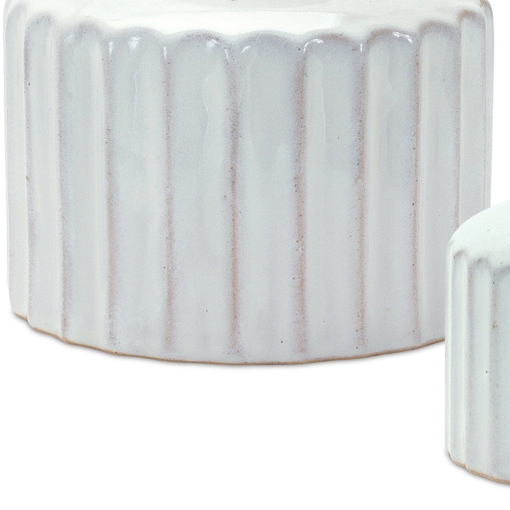 Set of Two White Ribbed Round Porcelain Table Vase