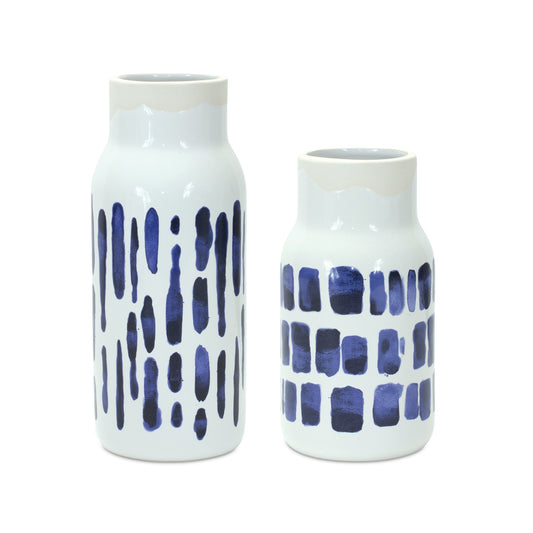 Set of Two Blue and White Abstract Cylinder Ceramic Table Vase