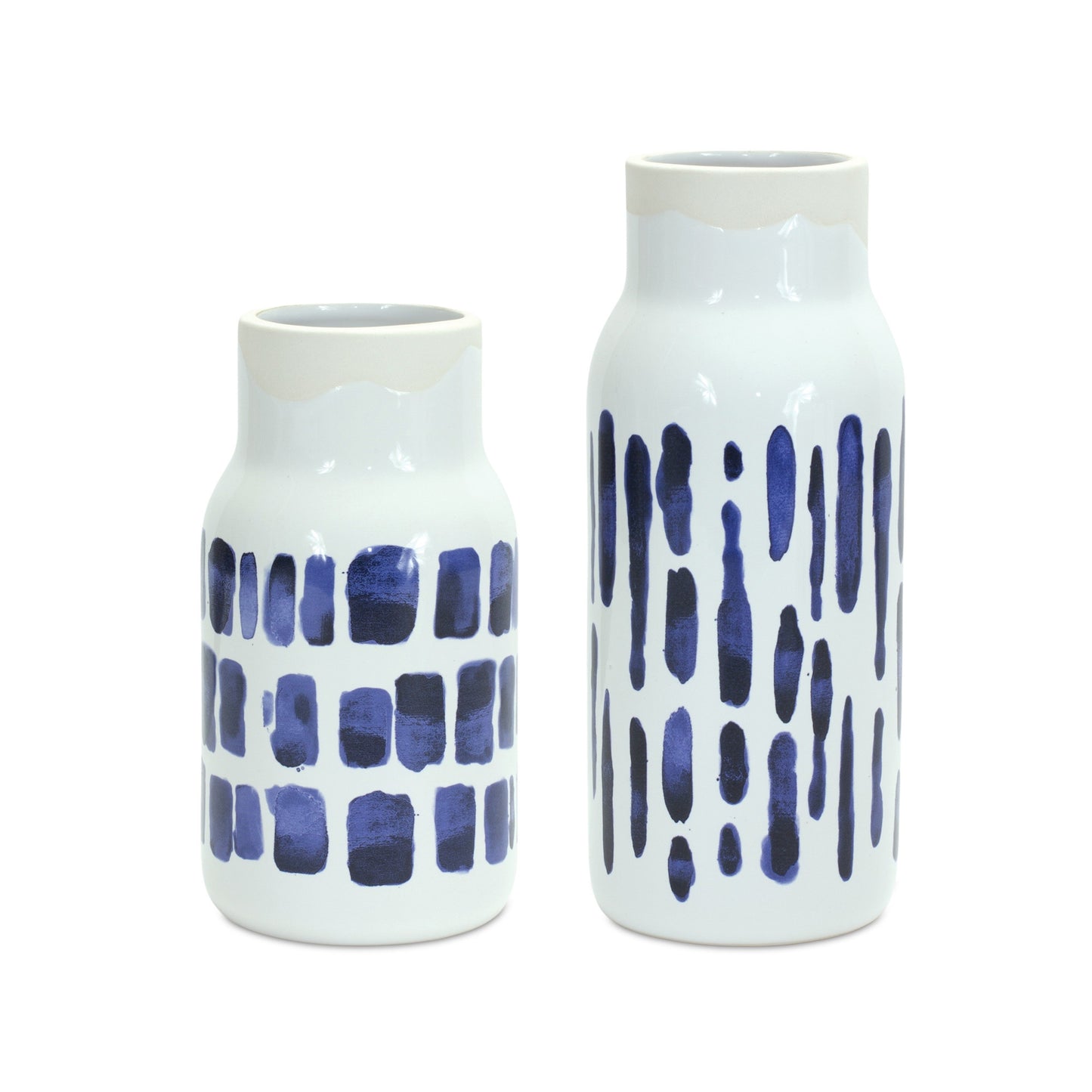 Set of Two Blue and White Abstract Cylinder Ceramic Table Vase