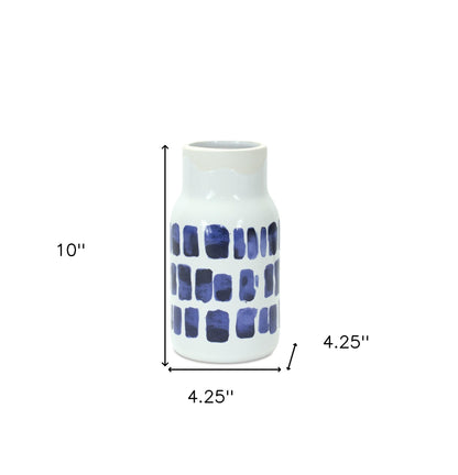 Set of Two Blue and White Abstract Cylinder Ceramic Table Vase