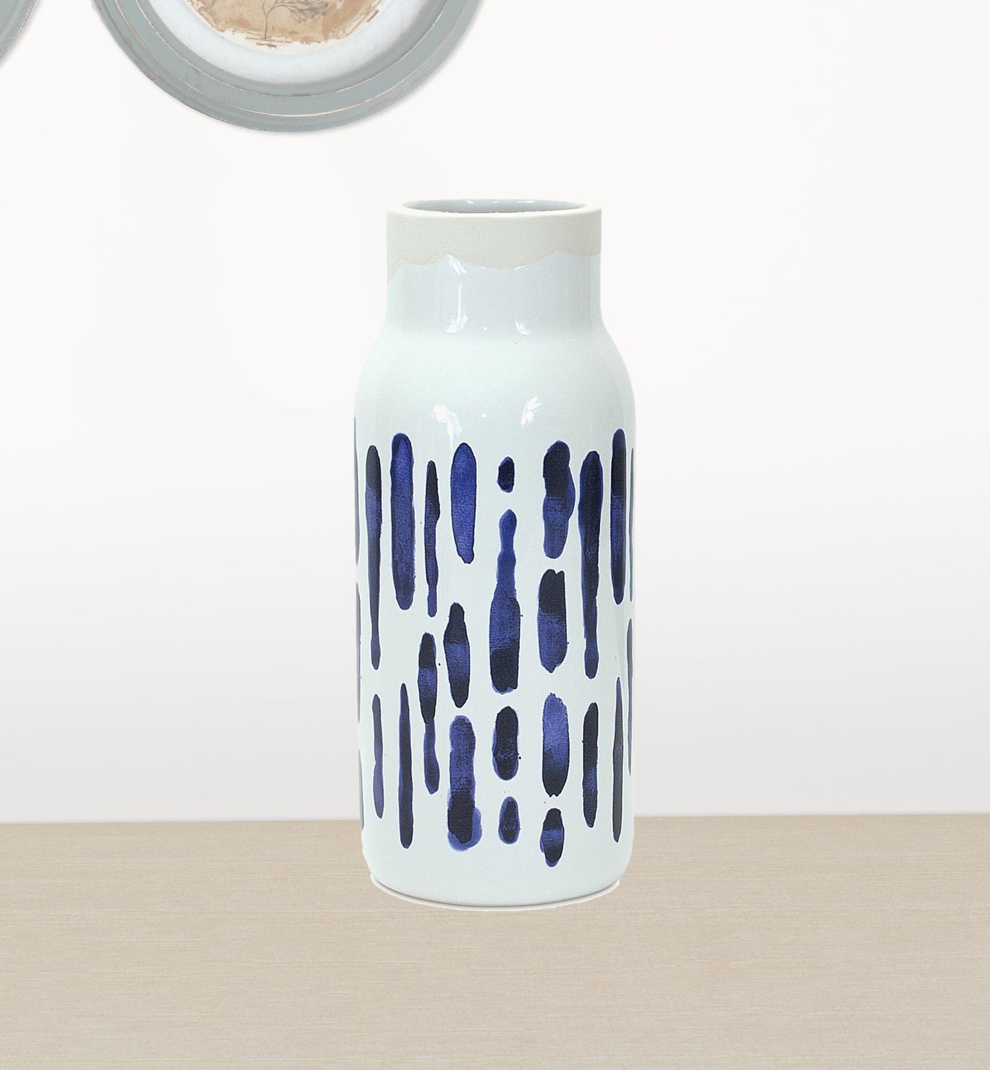 Set of Two Blue and White Abstract Cylinder Ceramic Table Vase