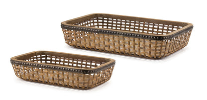 Set of Two Brown Rectangular Woven Bamboo Wood Serving Tray