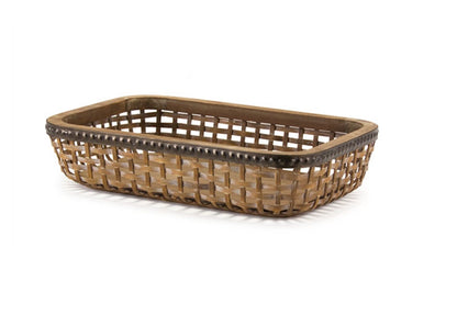 Set of Two Brown Rectangular Woven Bamboo Wood Serving Tray