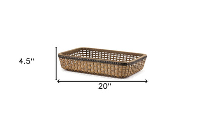 Set of Two Brown Rectangular Woven Bamboo Wood Serving Tray