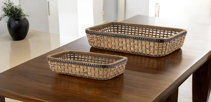 Set of Two Brown Rectangular Woven Bamboo Wood Serving Tray