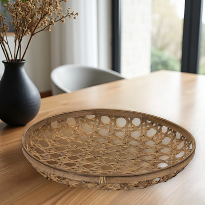 22" Brown Round Bamboo Vanity Tray