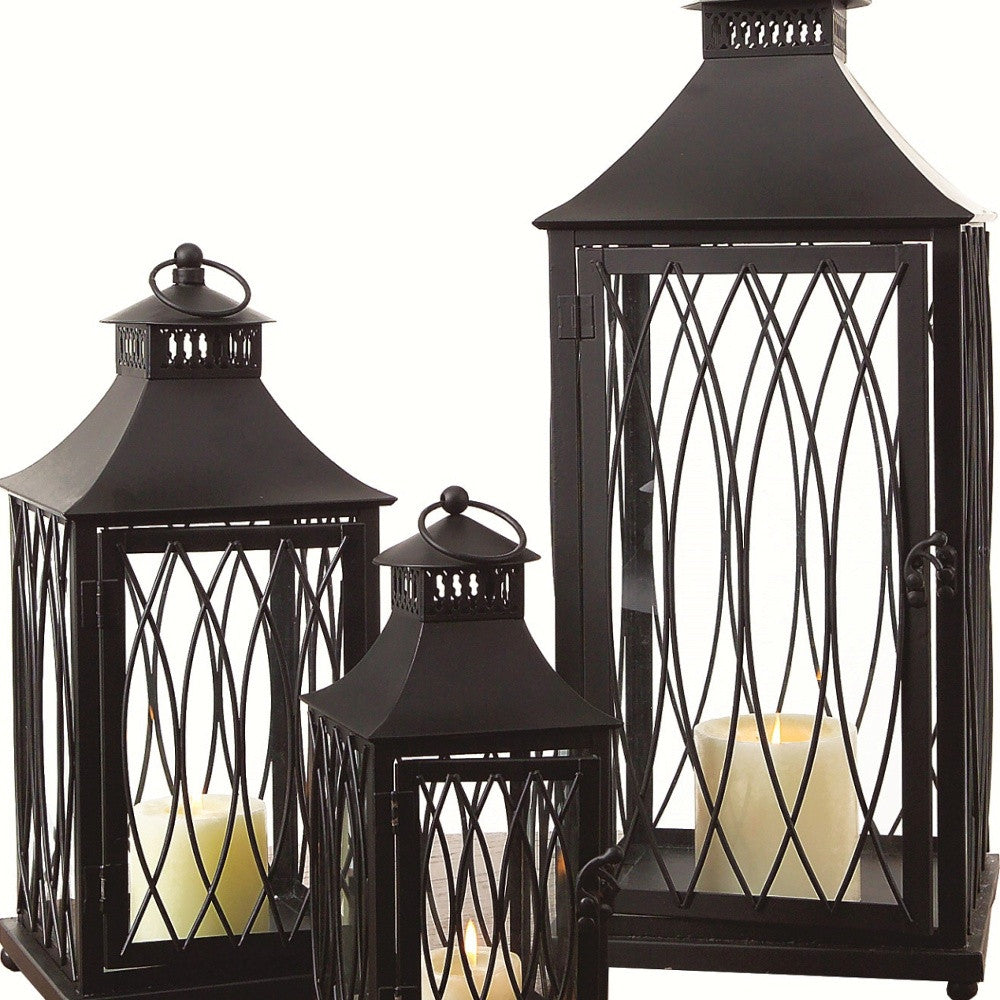 Set of Three Black Glass and Metal Geometric Floor Lantern Candle Holders