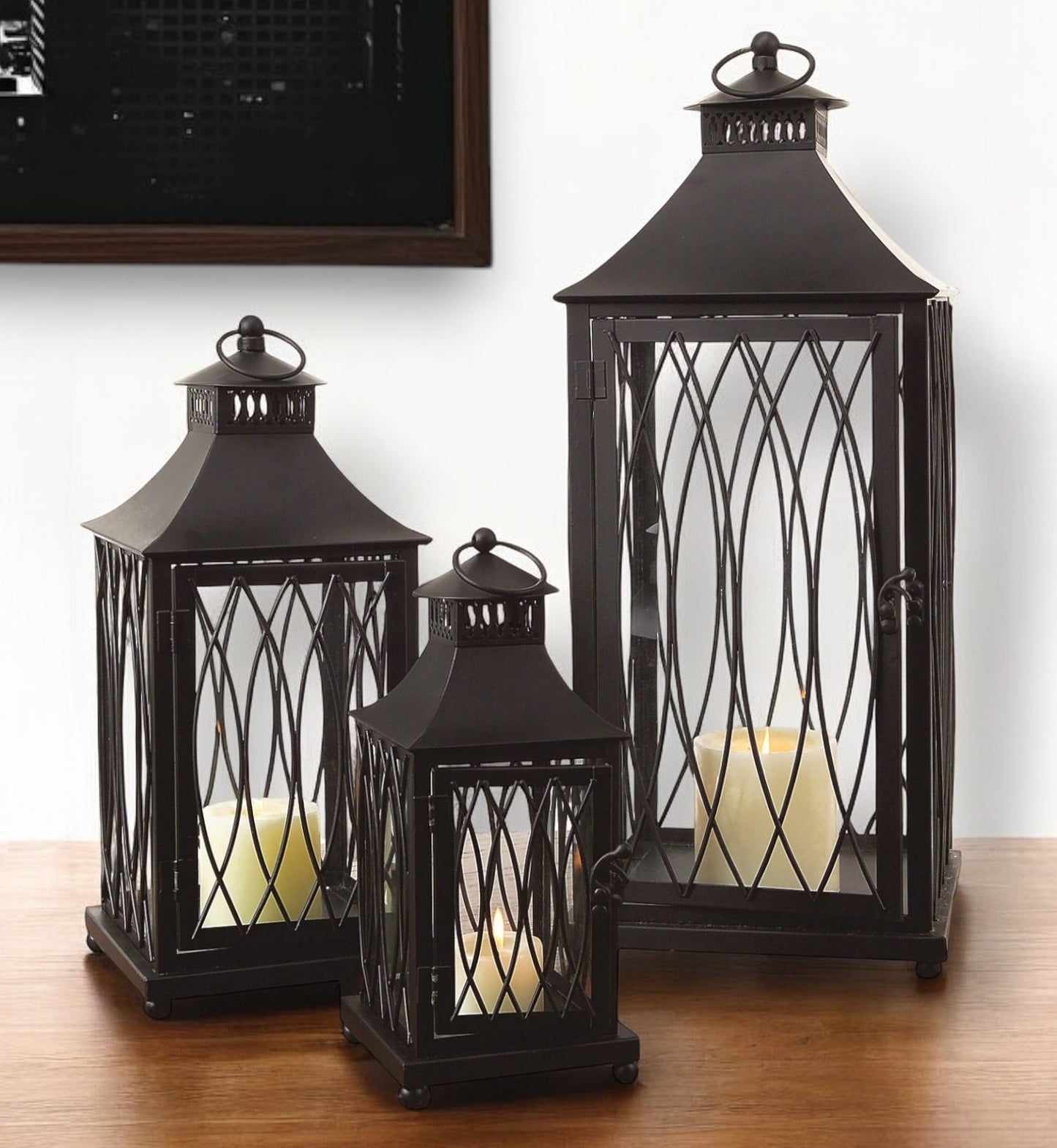 Set of Three Black Glass and Metal Geometric Floor Lantern Candle Holders