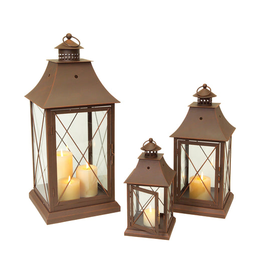 Set of Three Brown Glass and Metal Lattice Floor Lantern Candle Holders