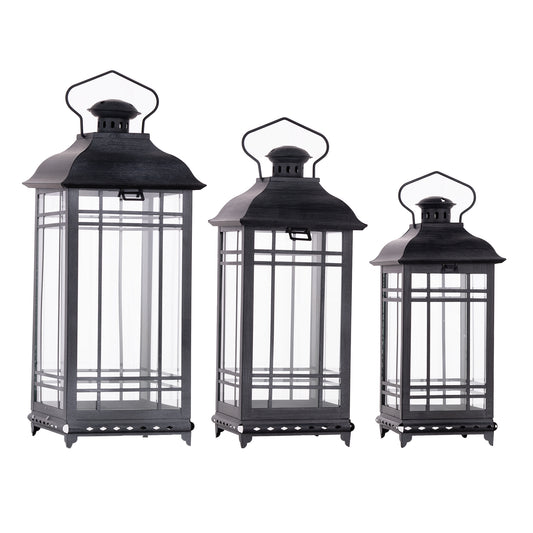 Set of Three Gray Glass and Metal Geometric Floor Lantern Candle Holders