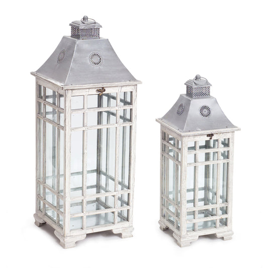 Set of Two White and Silver Metal Geometric Floor Lantern Candle Holders