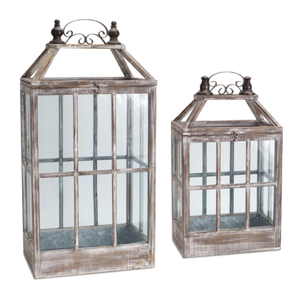 Set of Two White Washed Wood and Glass Floor Lantern Candle Holders