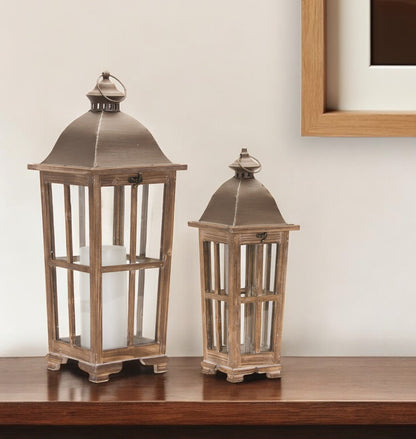 Set of Two Natural Solid Wood Ornate Tabletop Lantern Candle Holders