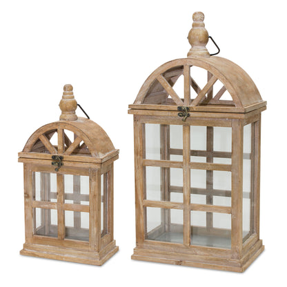 Set of Two Natural Wood and Glass Geometric Floor Lantern Candle Holders