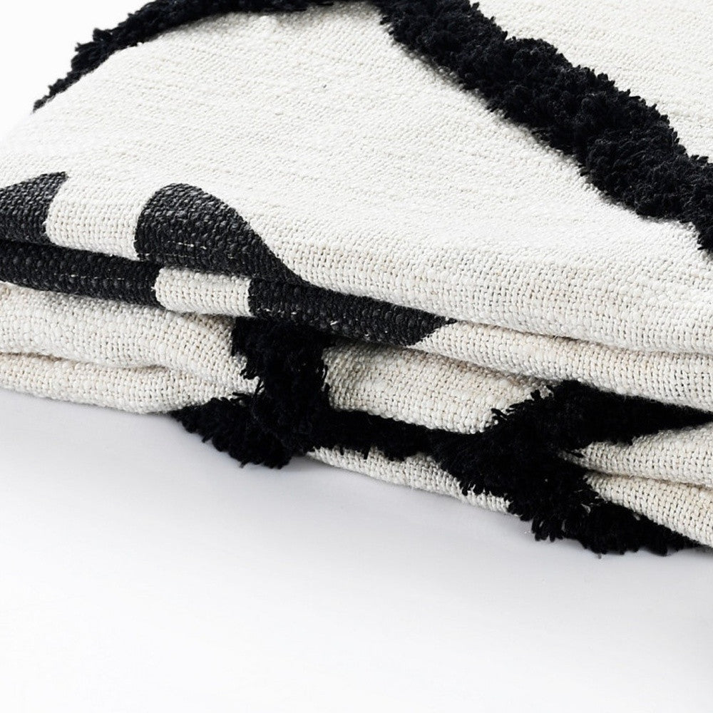 50" X 60" Black and White Woven Cotton Geometric Throw Blanket with Tassels