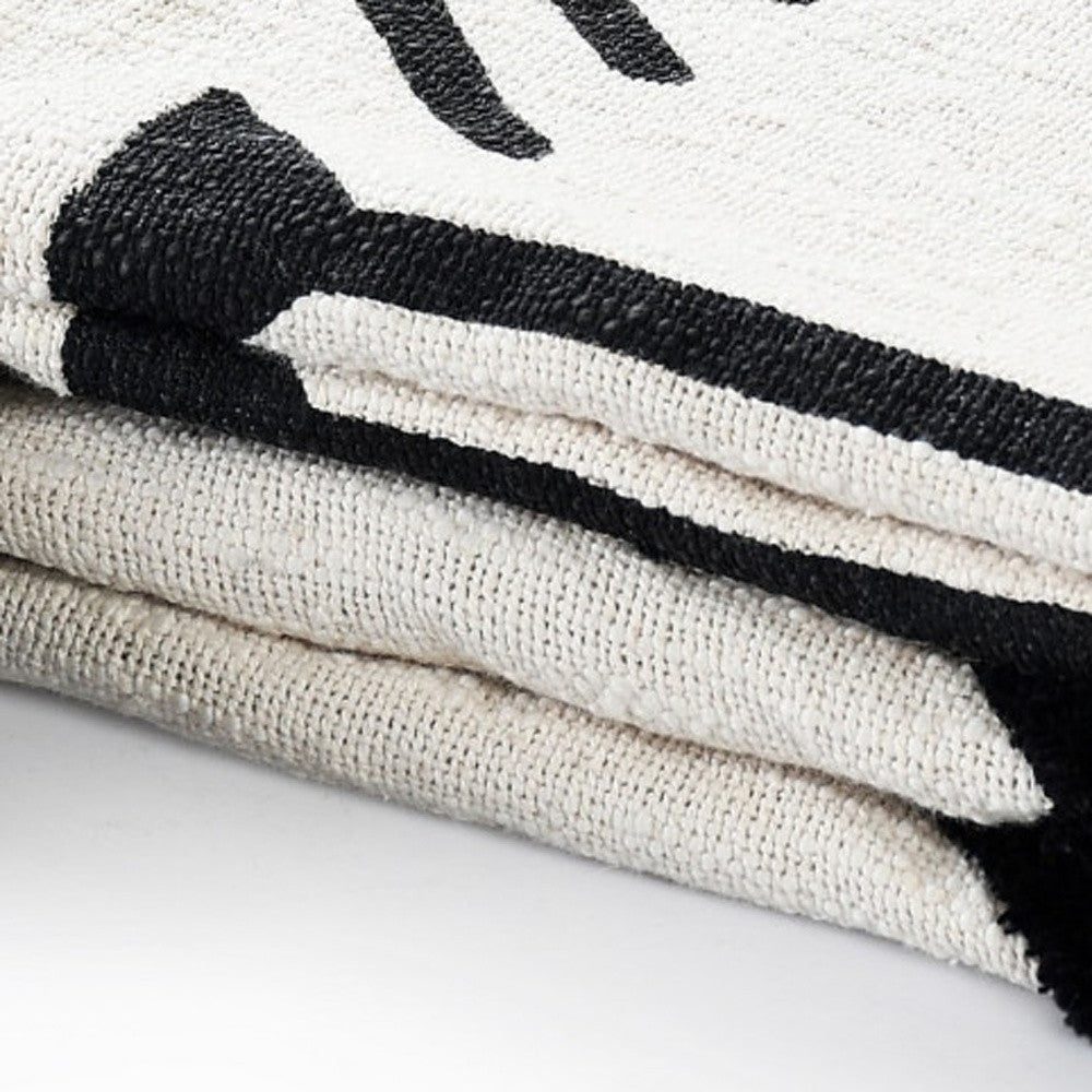 50" X 60" Black and White Woven Cotton Geometric Throw Blanket with Tassels