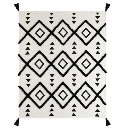 60" X 50" Black and White Woven Cotton Geometric Throw Blanket with Tassels