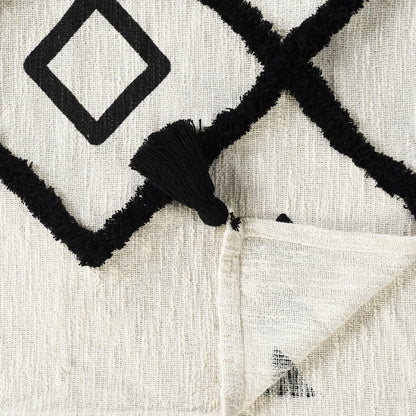 60" X 50" Black and White Woven Cotton Geometric Throw Blanket with Tassels