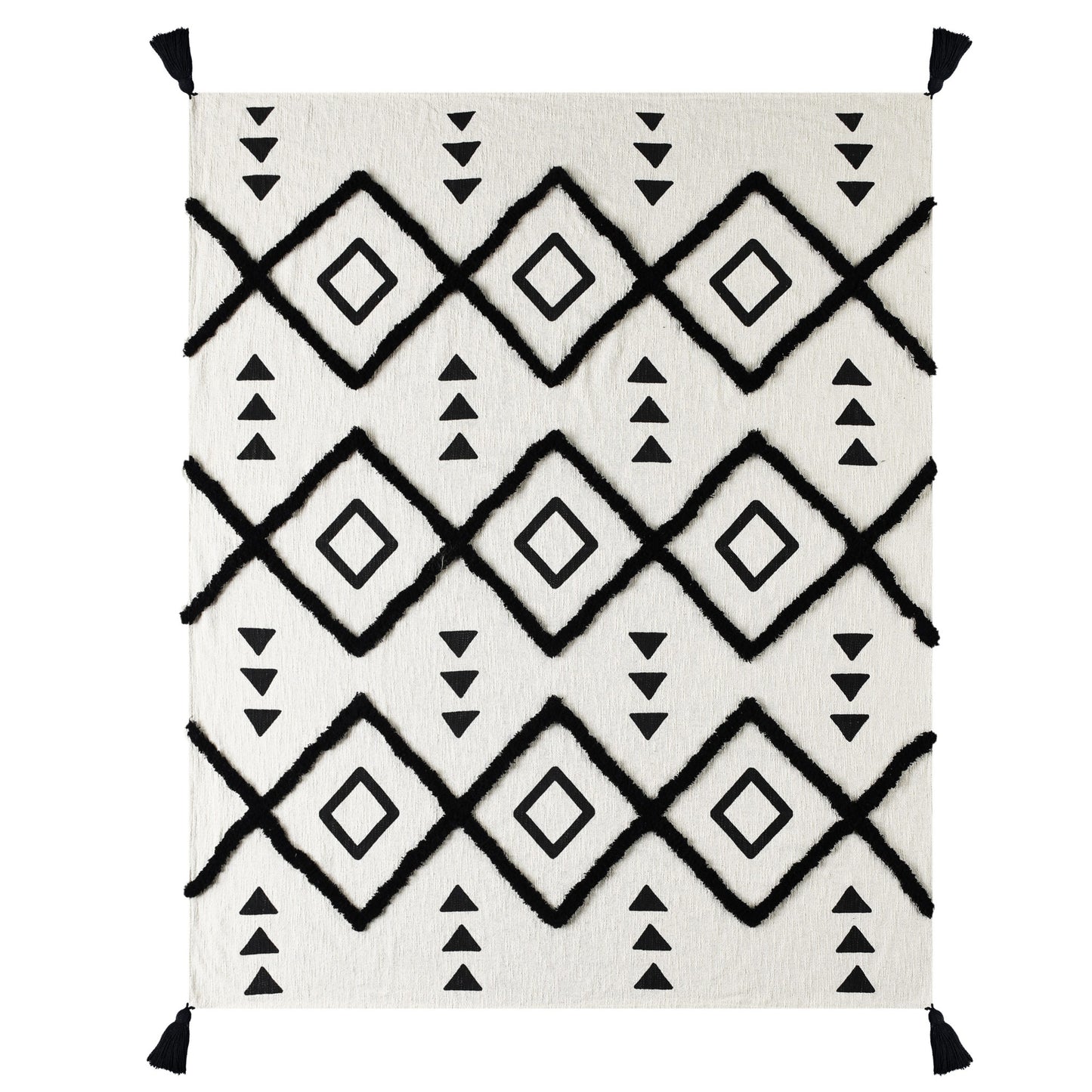 60" X 50" Black and White Woven Cotton Geometric Throw Blanket with Tassels