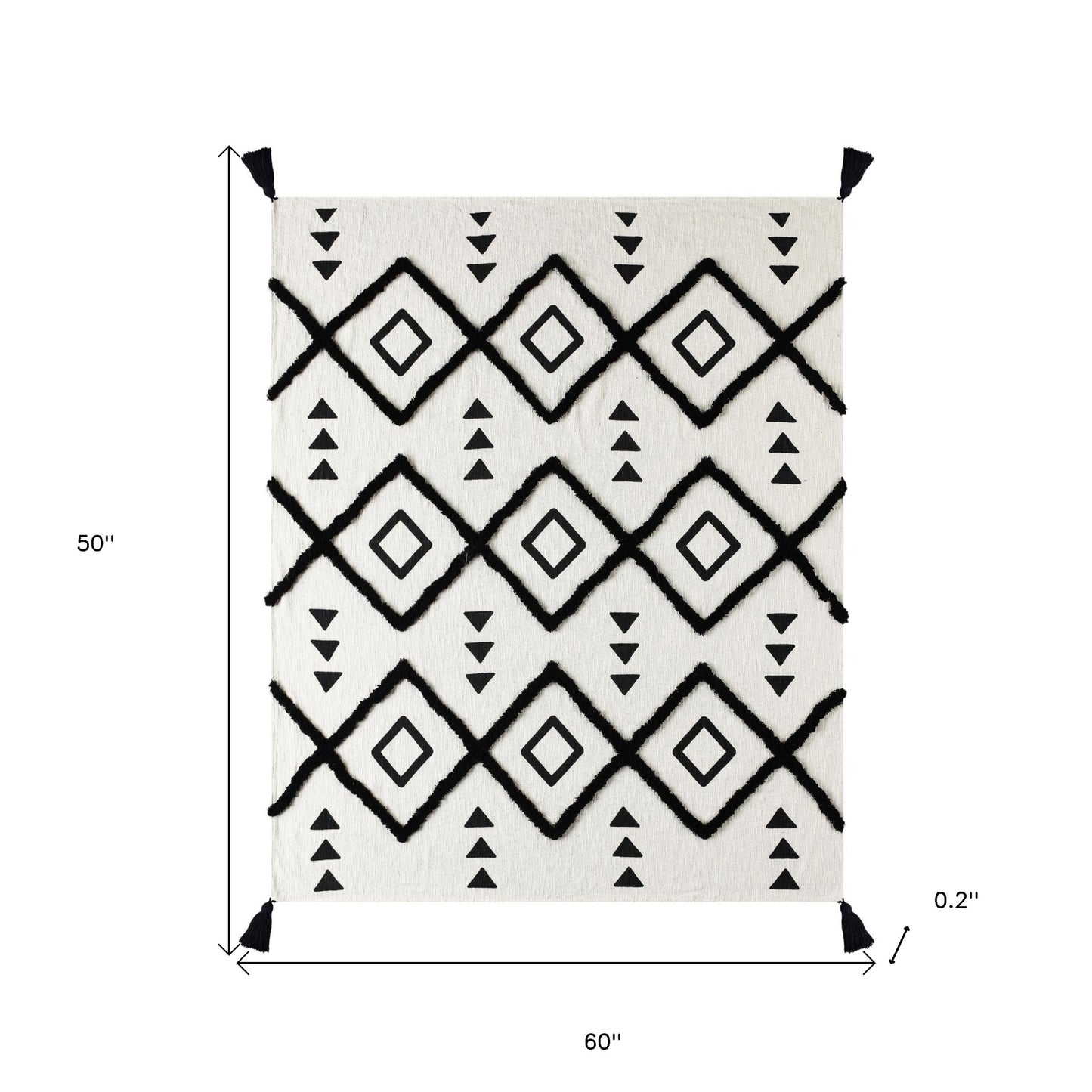 60" X 50" Black and White Woven Cotton Geometric Throw Blanket with Tassels