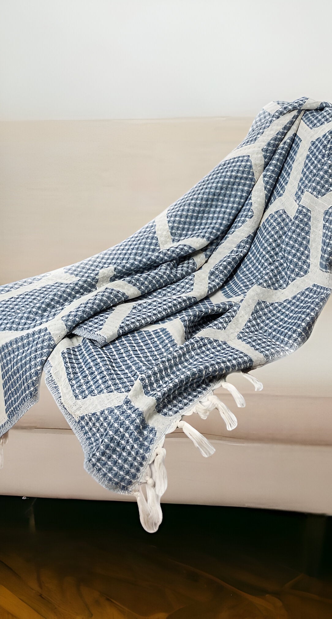 60" X 50" Blue and Off White Woven Cotton Geometric Throw Blanket with Fringe