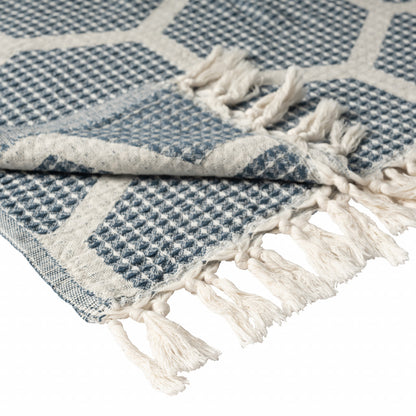 60" X 50" Blue and Off White Woven Cotton Geometric Throw Blanket with Fringe