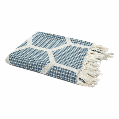 60" X 50" Blue and Off White Woven Cotton Geometric Throw Blanket with Fringe