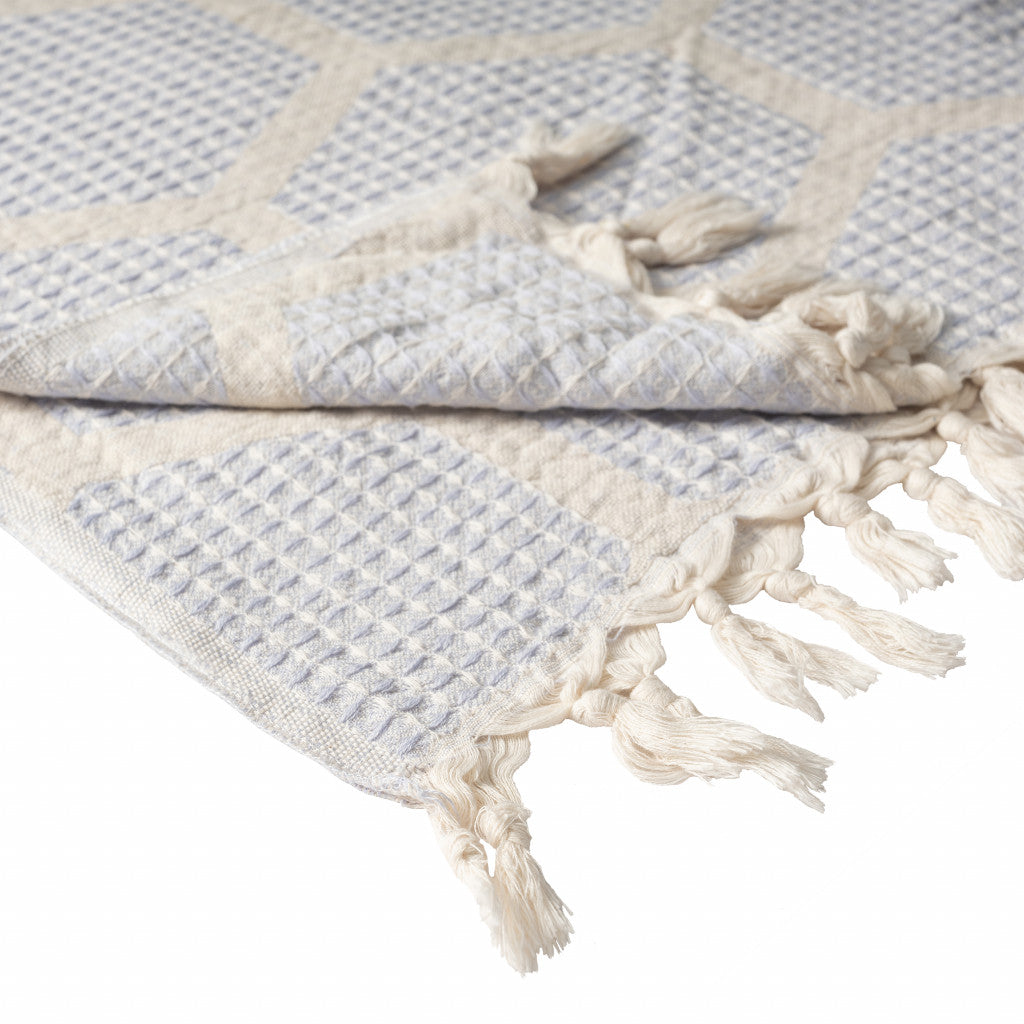 60" X 50" Blue and Off White Woven Cotton Geometric Throw Blanket with Fringe