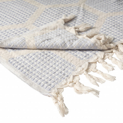 60" X 50" Blue and Off White Woven Cotton Geometric Throw Blanket with Fringe