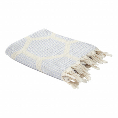 60" X 50" Blue and Off White Woven Cotton Geometric Throw Blanket with Fringe