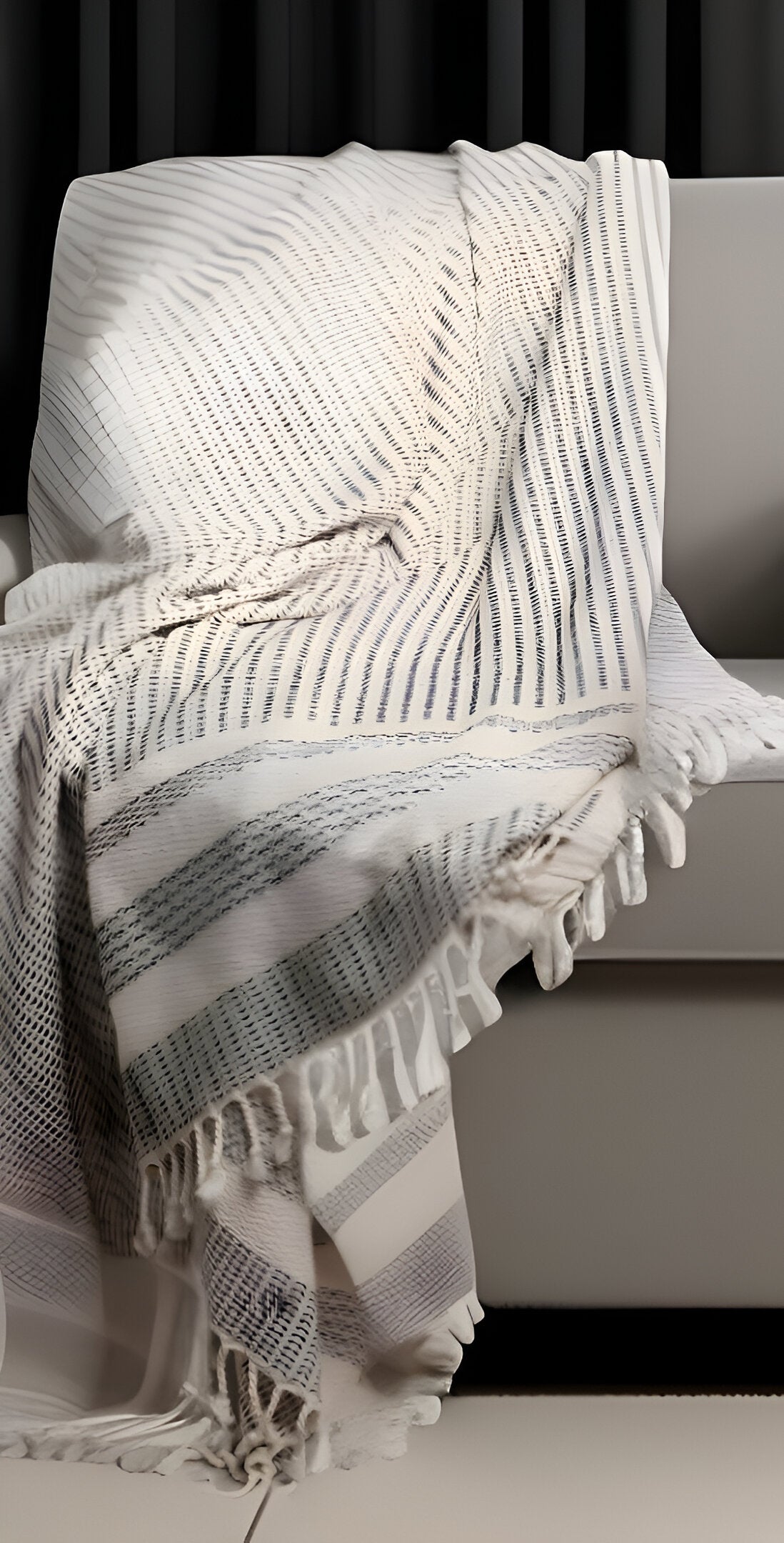 50" X 60" Beige Woven Cotton Striped Throw Blanket with Fringe