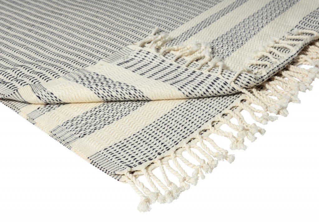 50" X 60" Beige Woven Cotton Striped Throw Blanket with Fringe