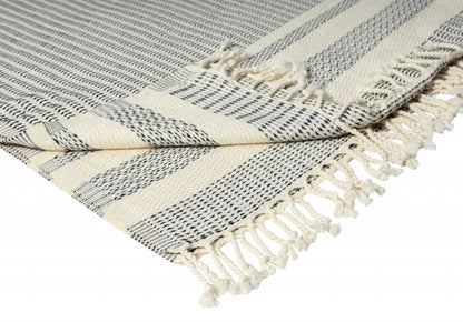 50" X 60" Beige Woven Cotton Striped Throw Blanket with Fringe