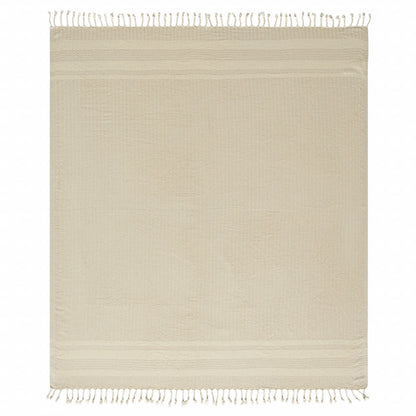 50" X 60" Beige Woven Cotton Striped Throw Blanket with Fringe