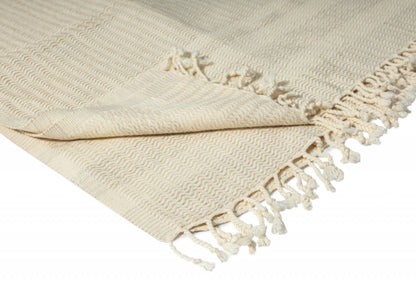 50" X 60" Beige Woven Cotton Striped Throw Blanket with Fringe