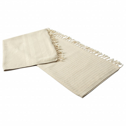 50" X 60" Beige Woven Cotton Striped Throw Blanket with Fringe