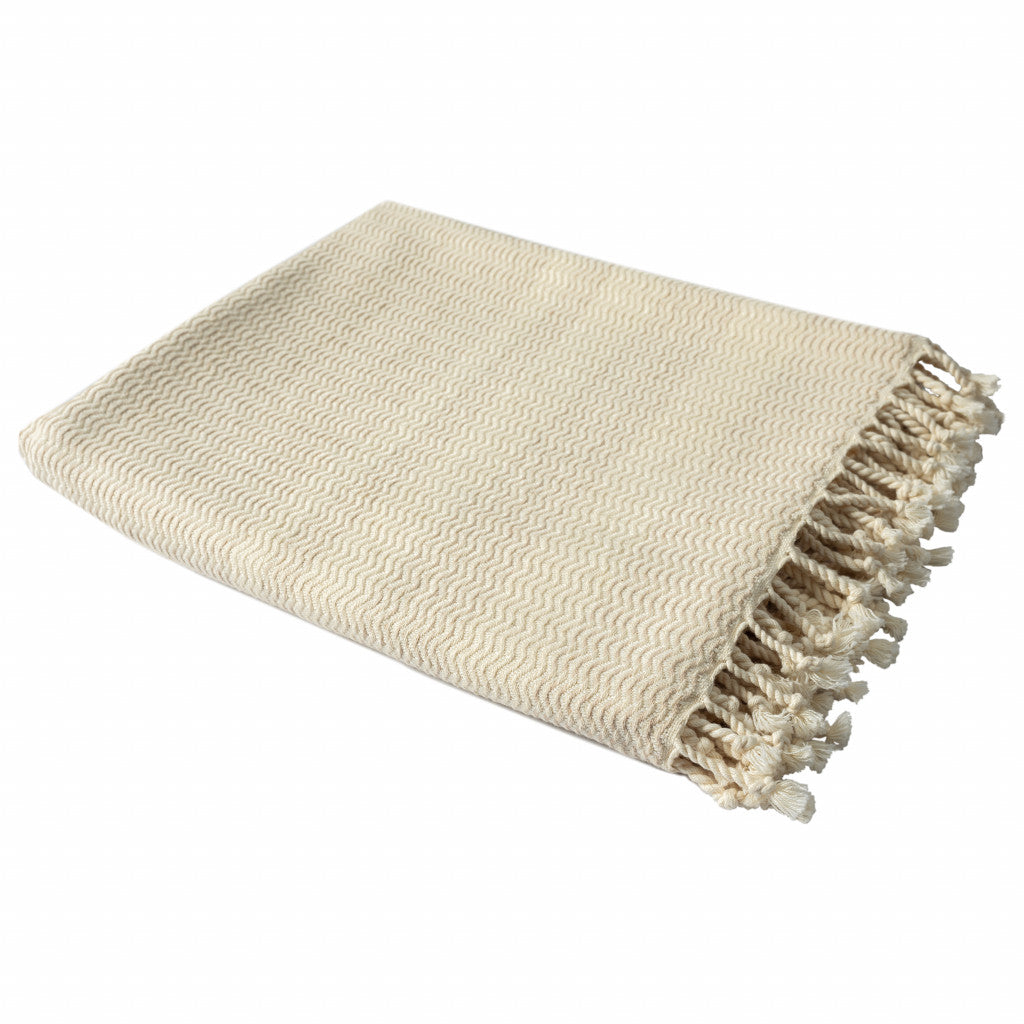 50" X 60" Beige Woven Cotton Striped Throw Blanket with Fringe