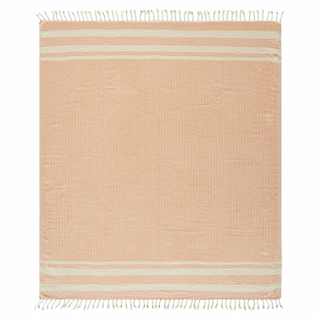 50" X 60" Beige Woven Cotton Striped Throw Blanket with Fringe