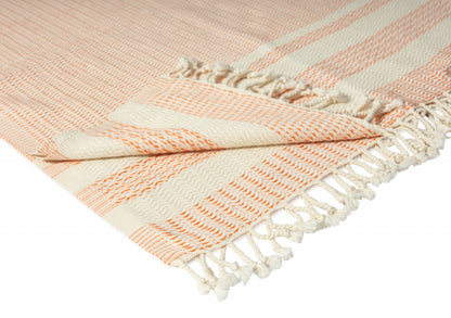 50" X 60" Beige Woven Cotton Striped Throw Blanket with Fringe