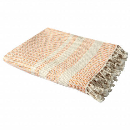 50" X 60" Beige Woven Cotton Striped Throw Blanket with Fringe