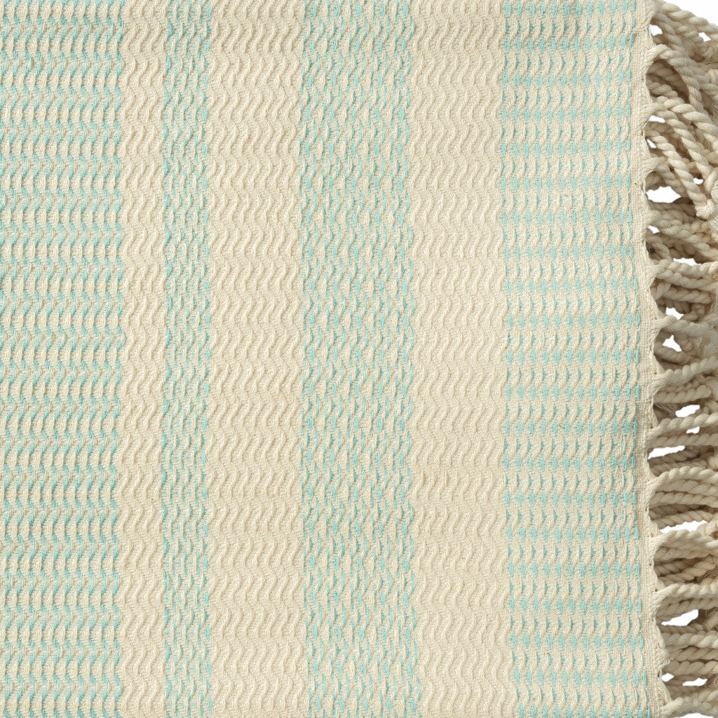 50" X 60" Beige Woven Cotton Striped Throw Blanket with Fringe