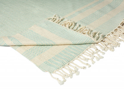 50" X 60" Beige Woven Cotton Striped Throw Blanket with Fringe