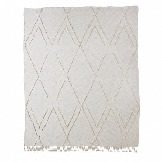 Ivory Geometric King Cotton Coverlet With Fringe