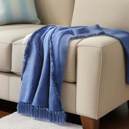 60" X 50" Cream Woven Cotton Throw Blanket with Fringe